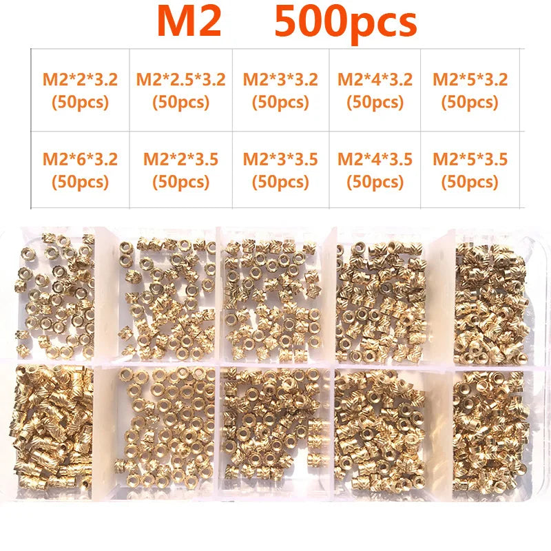 Brass Insert Nut Set M2–M6 – Knurled Hot Melt Threaded Copper Nuts for 3D Printing & Injection Molding
