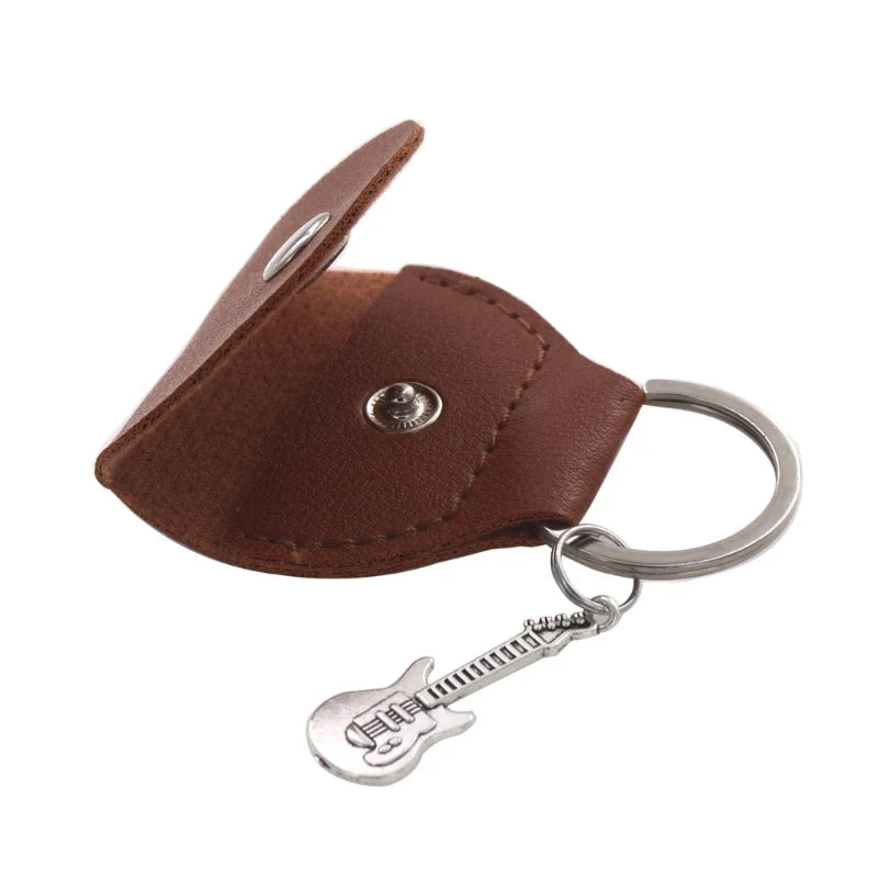 G92F Guitar Plectrum Holder — Leather Pick Case with Keychain & Small Pendant for Guitar Players