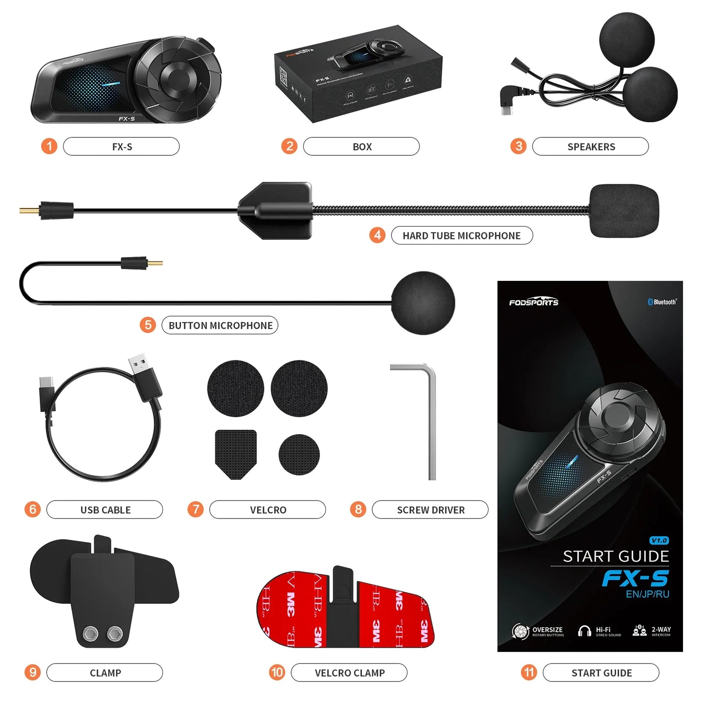 Fodsports FX-S Bluetooth Motorcycle Intercom — Wireless Helmet Headset with 1000M Range, BT5.4