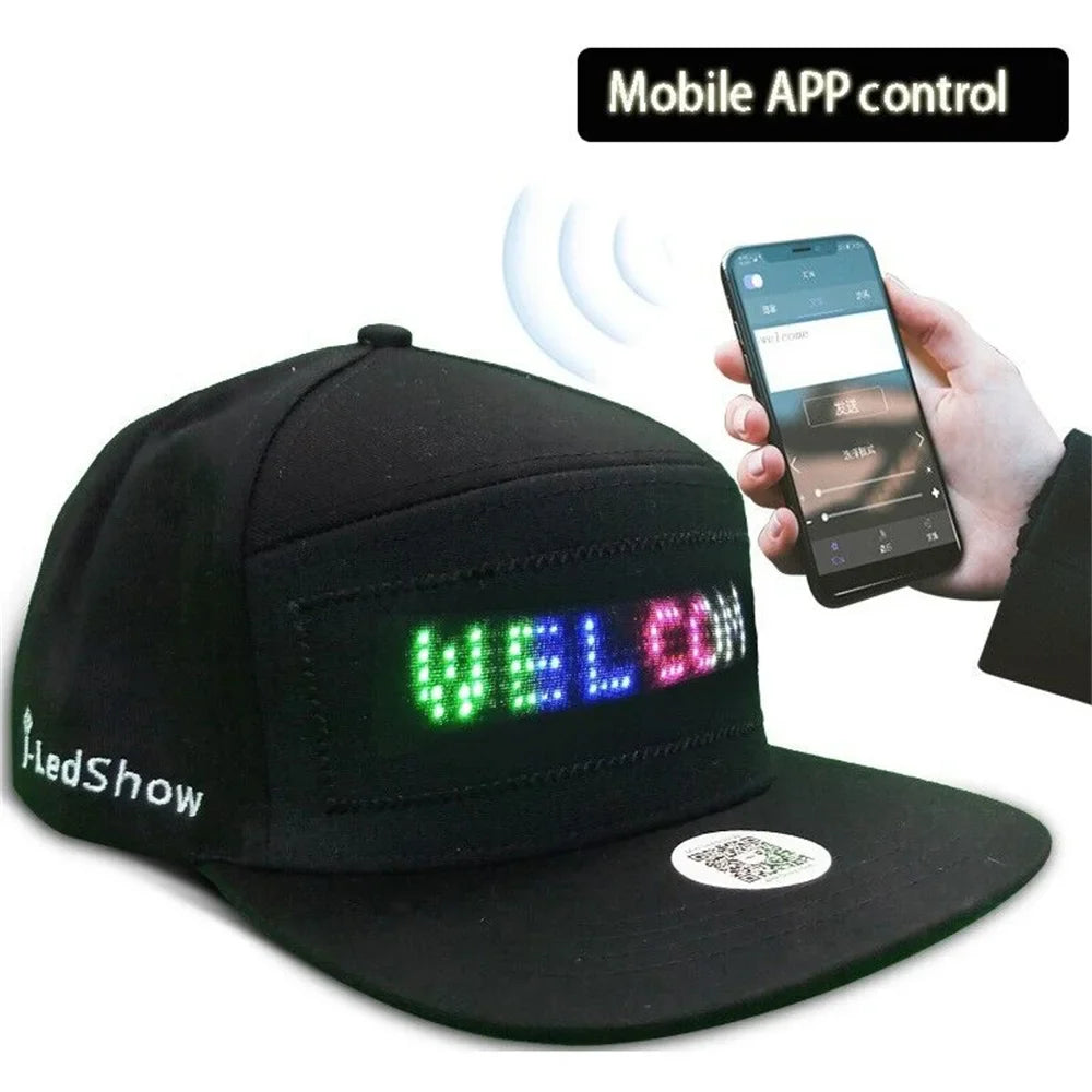 Unisex Baseball Cap with USB Rechargeable Bluetooth – APP Programmable LED Scrolling Message Display, Hip Hop Street Snapback Hat