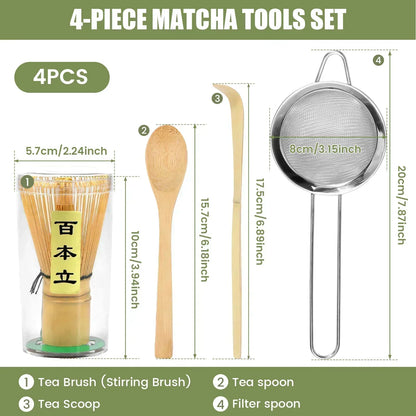 4-Piece Matcha Whisk Set - Handmade Bamboo Tea Whisk, Scoop, Strainer & Storage Holder