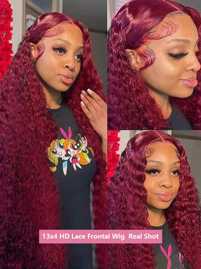 99J Burgundy Deep Wave Lace Front Wig – High Density Curly Red 13x6 HD Transparent Frontal Human Hair