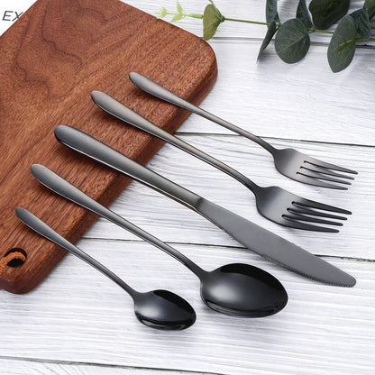 30/35/40-Piece Western Tableware Set – Elegant Black Stainless Steel Cutlery with Mirror Finish, Knife, Fork, Spoon for Kitchen and Dining