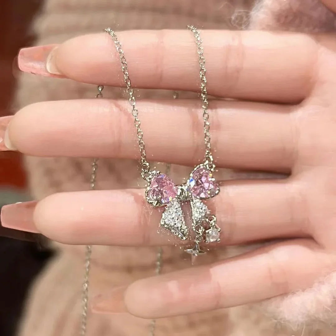 Sweet Pink Bow Necklace – Fashionable Rhinestone Star Pendant Clavicle Chain, Delicate Wedding Accessories for Women