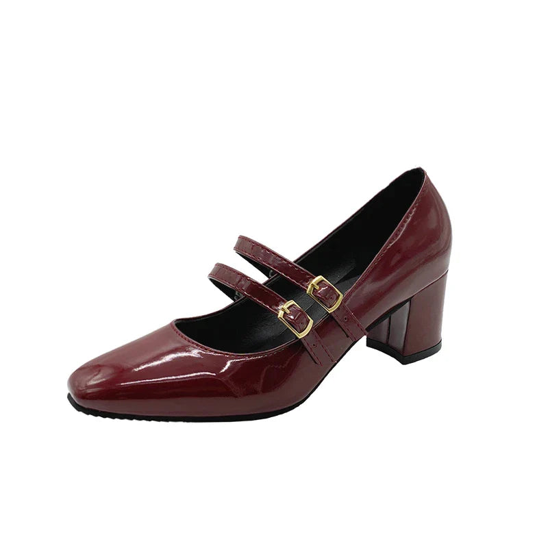 2025 Women’s Double Buckle Leather Shoes – Square Toe & Heel, Solid Color Spring & Autumn Footwear