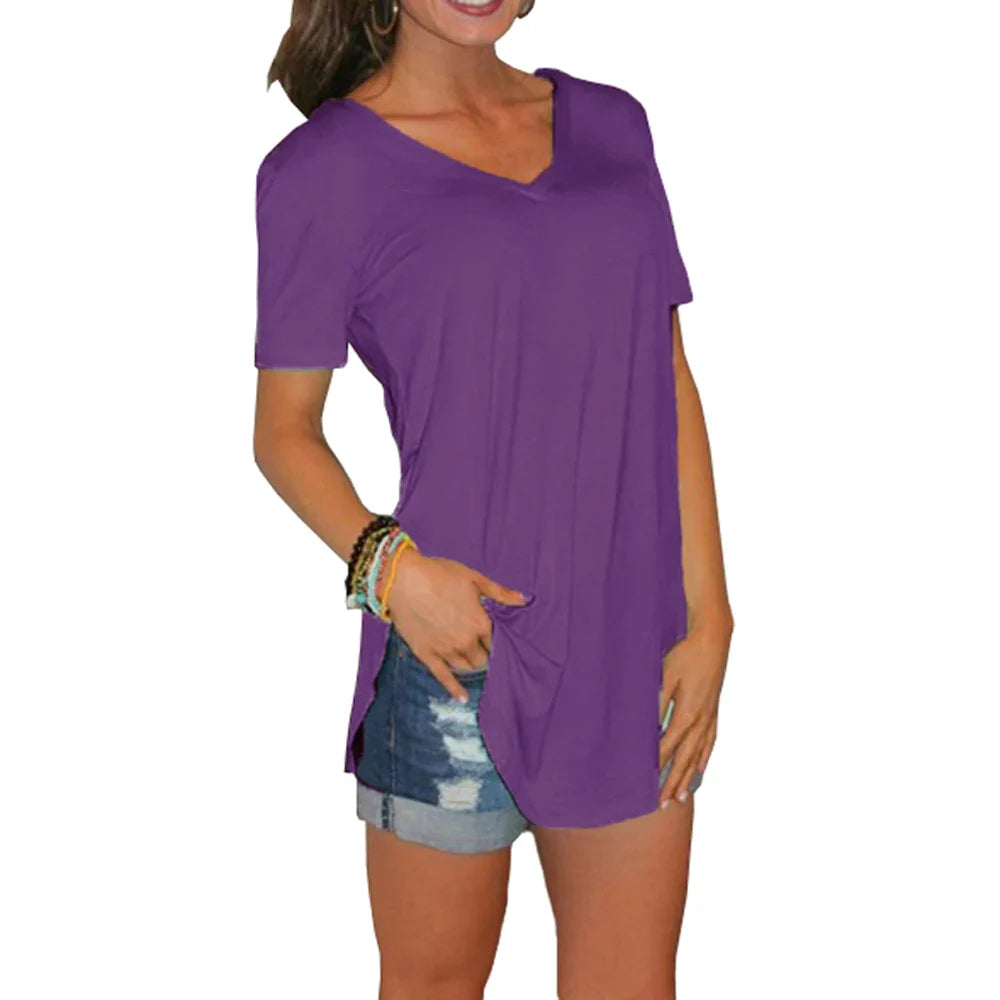 Women’s Summer V-Neck Blouse – Short Sleeve Loose Solid Color T-Shirt with Curved Hem