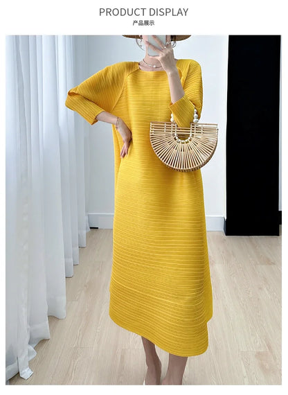 2023 Women's Miyake Pleated Long Dress – Full Sleeve, Round Neck, Korean Fashion, Plus Size Summer Style