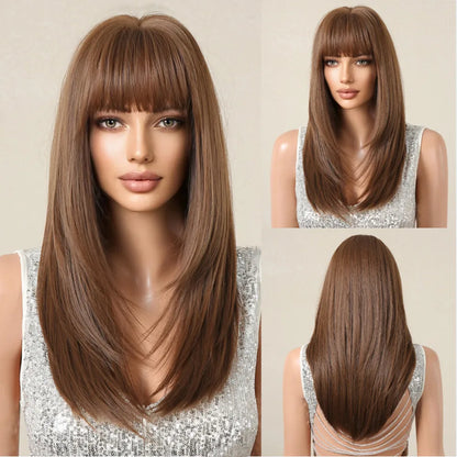 ALAN EATON Blonde Layered Synthetic Wig with Bangs – Long Straight Heat-Resistant Wig for Women & Girls, Natural Daily Hair