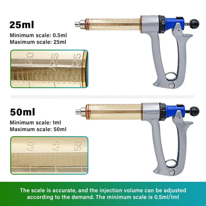 25ml/50ml Adjustable Veterinary Syringe — Semi-Automatic Continuous Vaccine Injector for Chickens, Sheep & Horses
