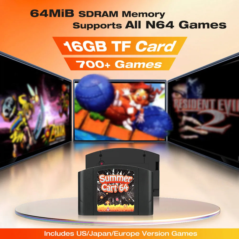 SummerCart 64 Game Card for N64 – Retro ED 64 Cartridge for Nintendo 64, 8GB TF Card, No Region Restriction