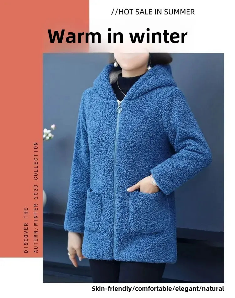 Women’s Thickened Hooded Cotton Jacket – Fleece-Lined Winter Coat, Warm Mommy-Style Outerwear by AE Stock