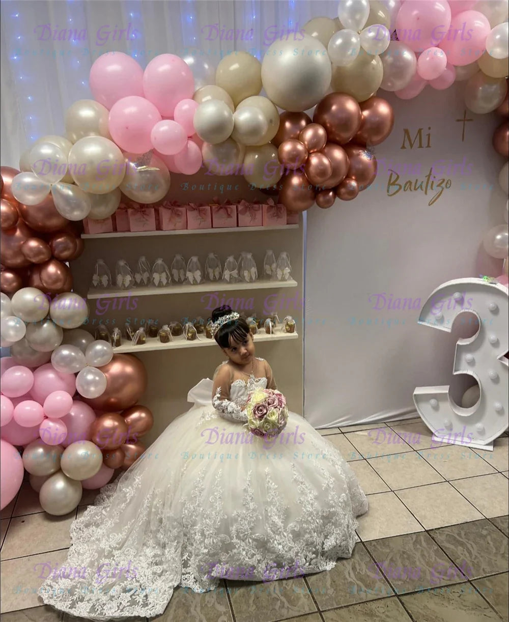 White Tulle Flower Girl Dress - Lace Applique Wedding & Party Gown