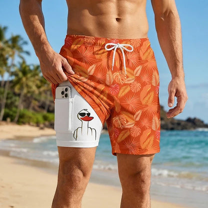 Men's Funny Duck Print Swim Shorts - Quick-Dry 2-in-1 Beach Board Shorts with Phone Pocket