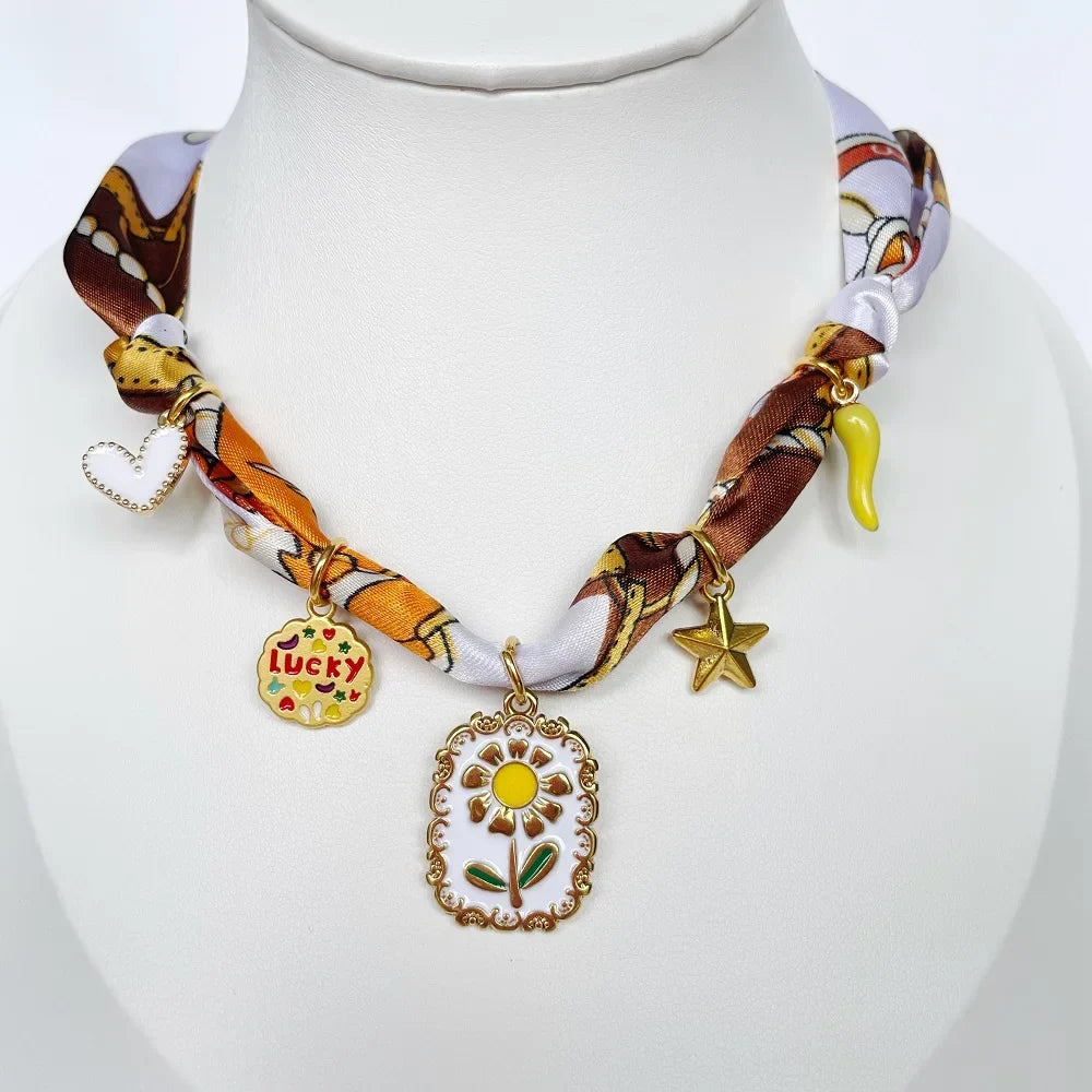 Bohemian Fabric Scarf Necklace - Sea Life, Heart & Floral Charm Pendant Vacation Jewelry Gift for Women