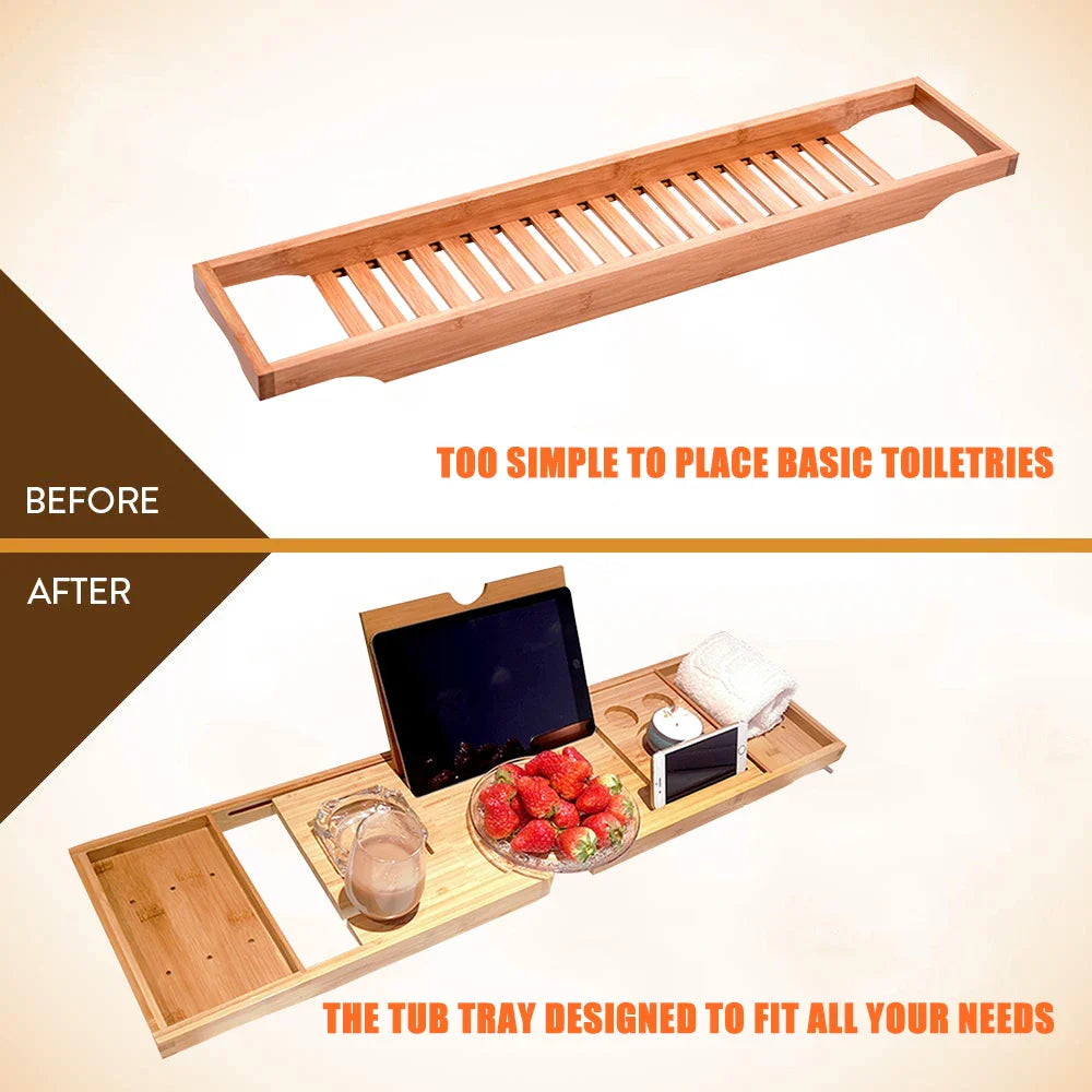 Bamboo Bathtub Caddy Tray – Spa Organizer with Book, Wine & Tablet Holder, Non-Slip & Extendable Sides