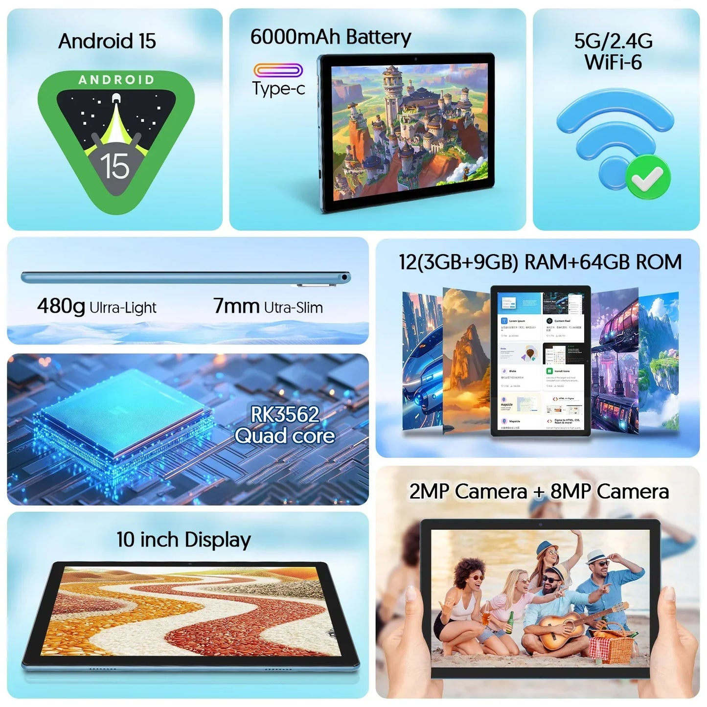 BAKEN 10″ Android 15 Tablet — Quad-Core, 12GB RAM + 64GB Storage, 5G WiFi, 1280×800 Display, Dual Cameras