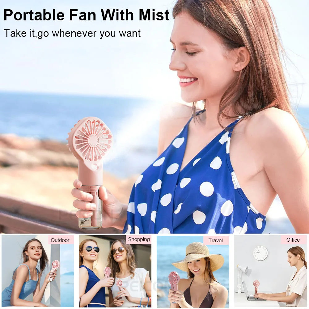 Portable Mini Humidifier Fan – USB Rechargeable Handheld Mist Fan with Water Spray, Personal Cooling Fan