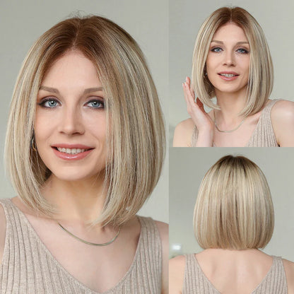 Brown Blonde Mixed Ombre Lace Front Wig – Short Wavy Bob Golden Blonde Remy Human Hair for White Women Daily Use