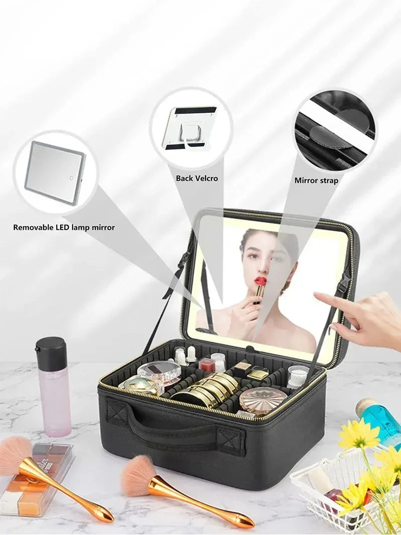 Smart LED Cosmetic Case with Mirror, Large Capacity Travel Makeup Bag for Women, Skincare & Beauty Organizer