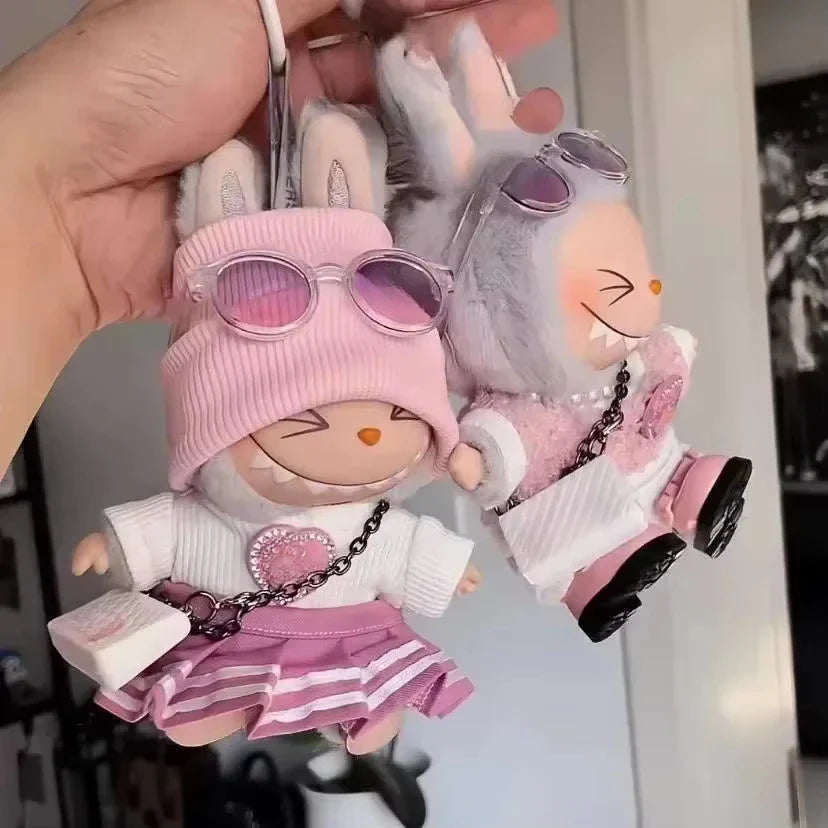 Mini Doll Clothes Outfit Set – 15-17cm Labubu V1-V3 Uniform Skirt, Sweater & Sunglasses Accessories