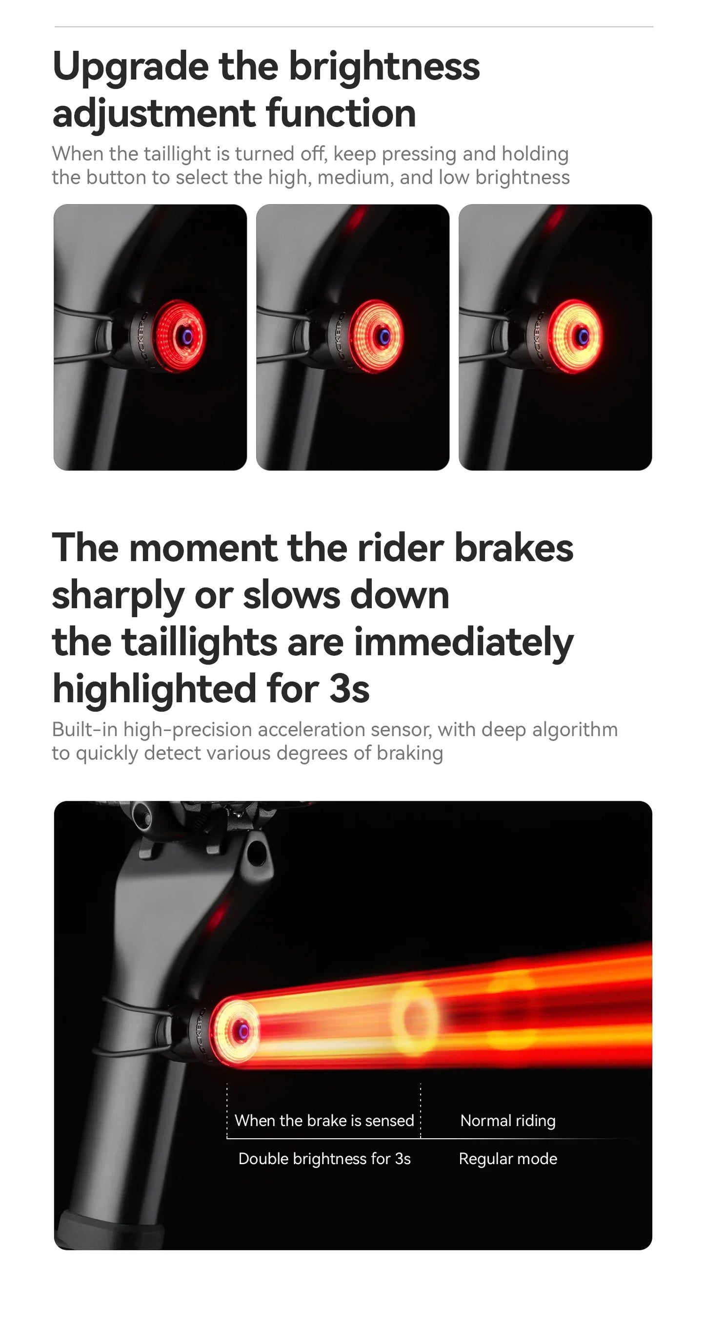 ROCKBROS Bicycle Handlebar End Lights – IPX6 Waterproof Rear Bike Lamp with 5 Modes & Brake Sensor