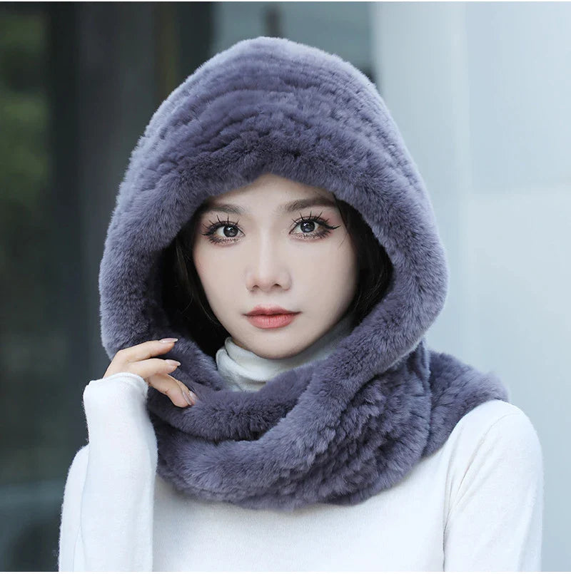 2025 Women’s Knitted Rex Rabbit Fur Hat – Hooded Scarf with Neck Collar, Long Winter Warm Fur Hat & Scarf Set