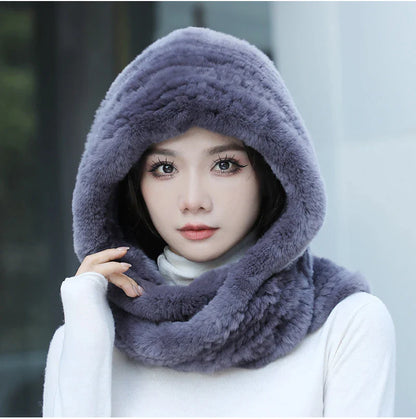 2025 Women’s Knitted Rex Rabbit Fur Hat – Hooded Scarf with Neck Collar, Long Winter Warm Fur Hat & Scarf Set