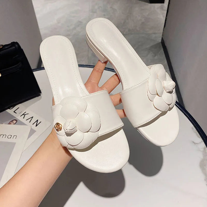 Luxury Women’s Flower Slippers — Camellia Open-Toe Slides for Home & Outdoor, Ladies Flip Flop Sandals