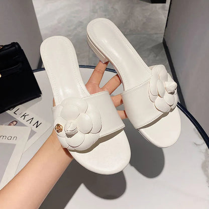 Luxury Women’s Flower Slippers — Camellia Open-Toe Slides for Home & Outdoor, Ladies Flip Flop Sandals