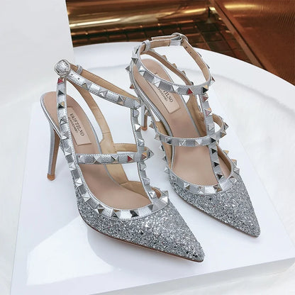 Women’s 2025 Summer Luxury Punk High Heel Sandals – Metal Rivet Gladiator Pointed Toe Stiletto Party Shoes