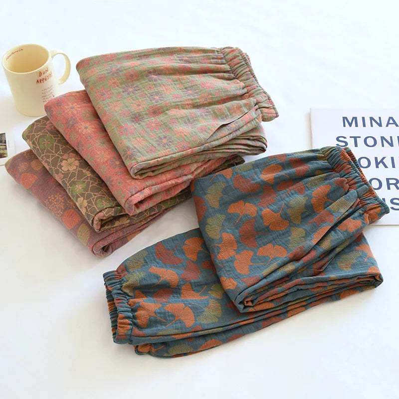 2025 Spring Summer Women's Pajama Pants – 100% Cotton Crepe Loose Fit Leaf Print Home Wear Bottoms
