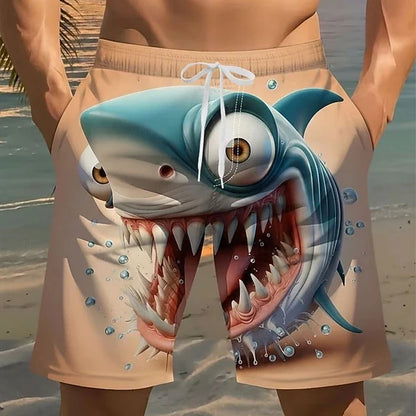 3D Shark Print Swim Shorts - Quick-Dry Drawstring Beach Trunks