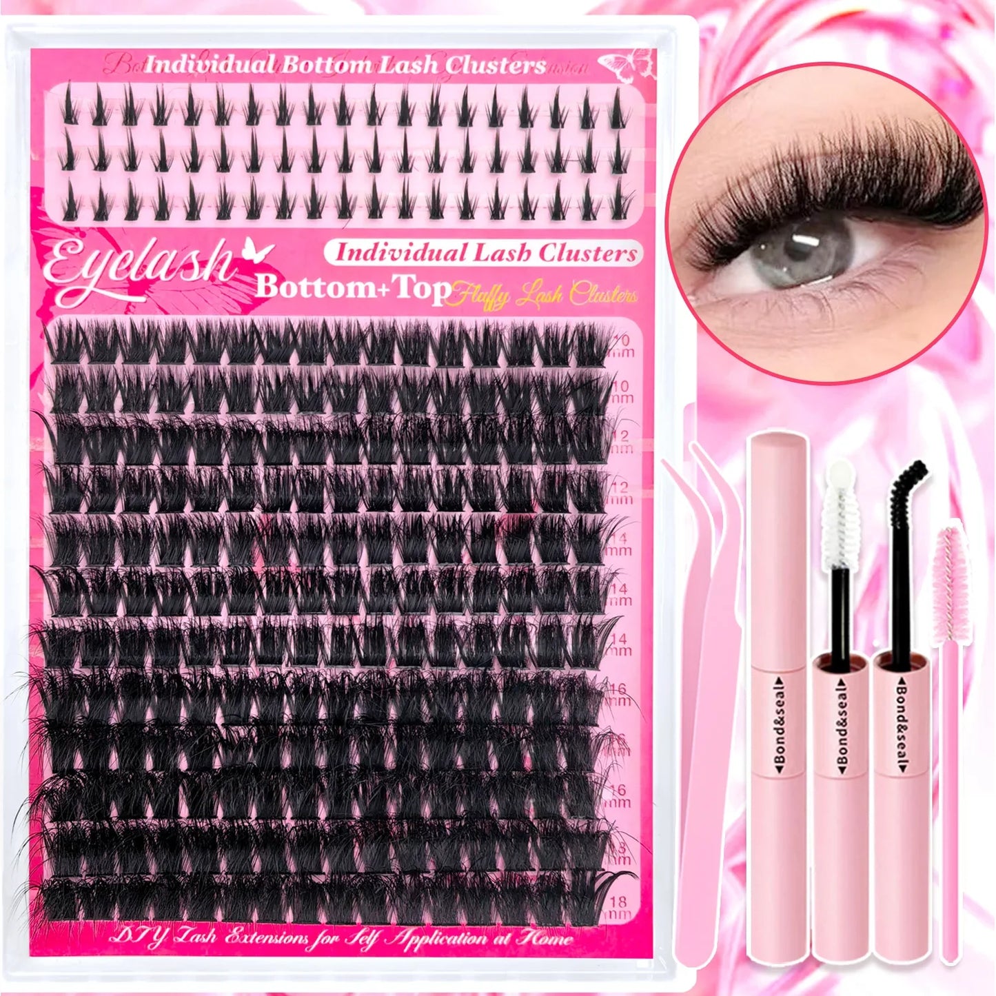 Top & Bottom Lash Extension Kit – 250/740 Cluster Fluffy Volume Mix Lengths DIY Eyelash Set for Bold Bombshell & Natural Lash Looks