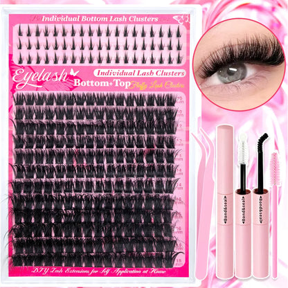 Top & Bottom Lash Extension Kit – 250/740 Cluster Fluffy Volume Mix Lengths DIY Eyelash Set for Bold Bombshell & Natural Lash Looks