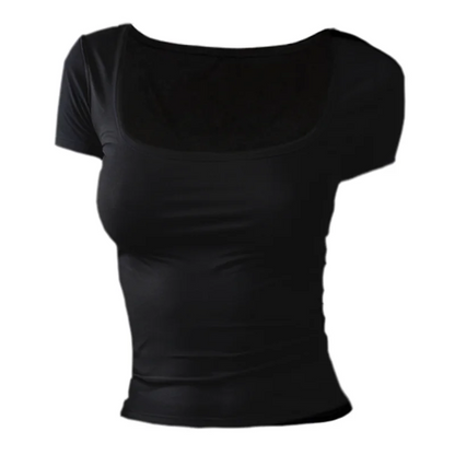 Women’s Short Sleeve Summer T-Shirt – Slim Fit Solid Color Square Neck Elastic Y2K Streetwear Fashion Tee Top QX33