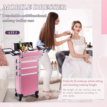 Makeup Trolley Case 4-in-1 — Detachable Alloy Train Briefcase with Wheels, Lockable Large Capacity Storage for Nail Manicure Salon
