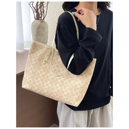 Classic Monogram Tote Bag - Large Capacity Canvas Shoulder Handbag with PU Trim for Women, Work & Shopping