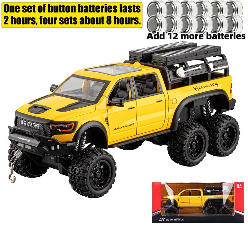 1:24 Dodge Mammoth RAM 1000 TRX 6x6 Diecast Model Car – Metal Alloy Toy with Lights for Kids & Collectors Gift