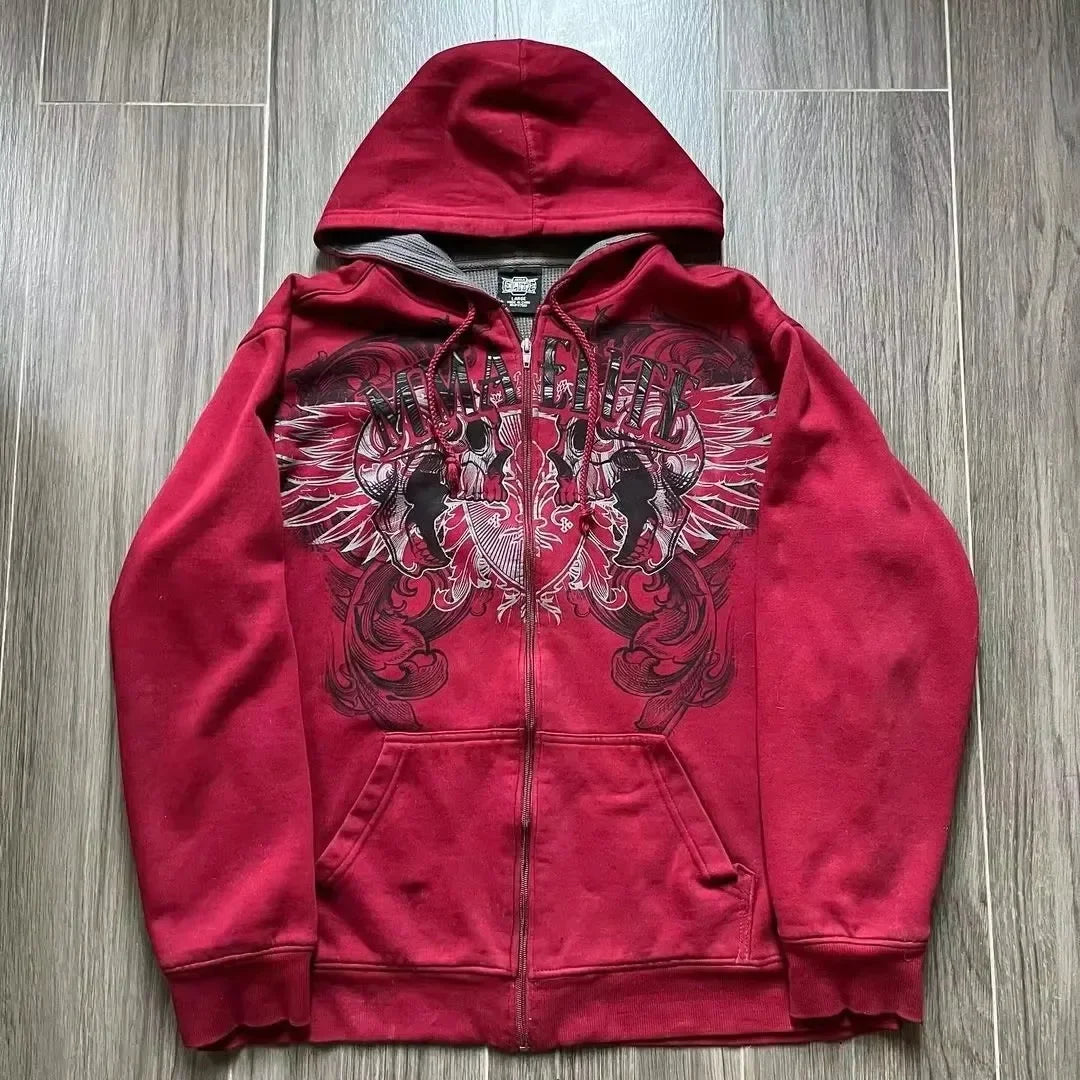 2000s Red Couple Zipper Hoodie – Vintage Y2K Skull Snake Cotton Full-Zip Sweatshirt