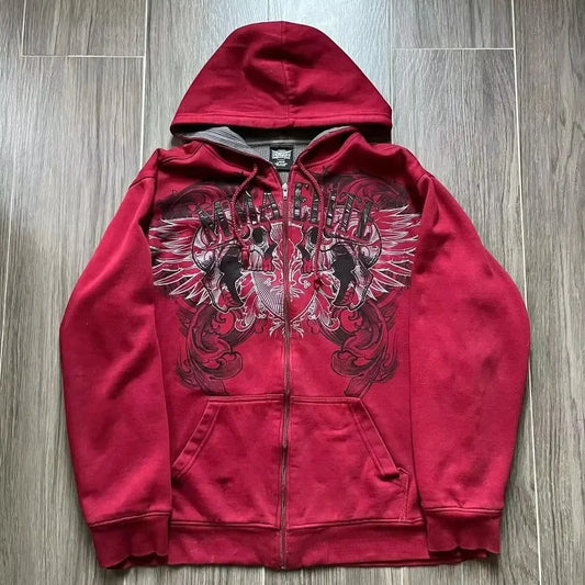 2000s Red Couple Zipper Hoodie – Vintage Y2K Skull Snake Cotton Full-Zip Sweatshirt