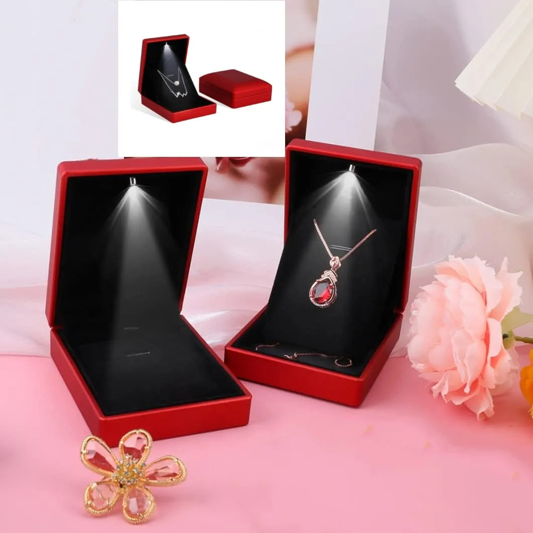Pendant Box with LED Light - Velvet Jewelry Case, Square Shaped Gift Box for Engagement and Proposal Necklaces