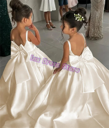 Lovely Satin Flower Girl Dress - Fluffy Bow Wedding & Birthday Party Gown for Kids