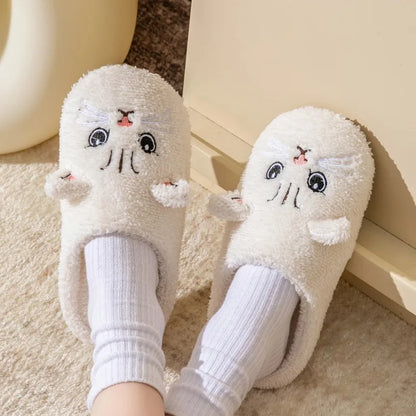 Cartoon Cat Plush Slippers - Cozy Winter Indoor House Shoes with Soft Non-Slip Warm Sole for Women