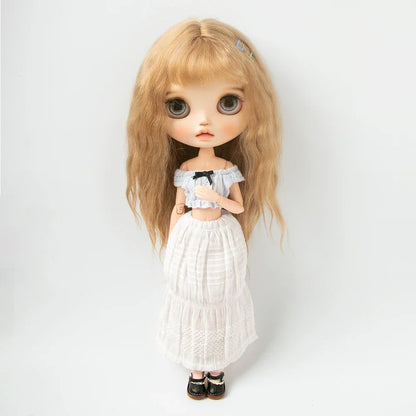 Blythe Doll Clothes Plaid Pleated Skirt & Off-Shoulder Top Tulle Dress Set — Ruffle Skirt for Licca, Azone, OB22, YMY Doll Accessories