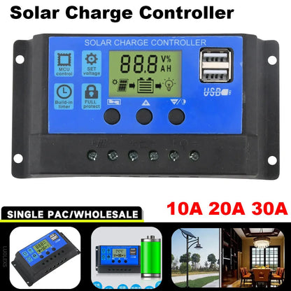 Solar Charge Controller with Dual USB - 12V/24V, 10A/20A/30A Auto LCD | Photovoltaic Panel PV Regulator & Load Discharger