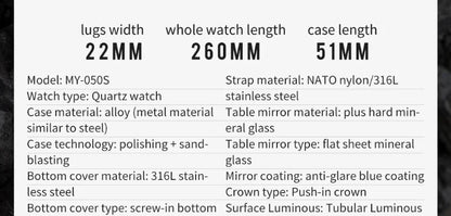 Addies Men's Military Watch - Luminous, Multi-Functional Quartz with Nylon & Steel Strap, Waterproof Outdoor Sports Watch