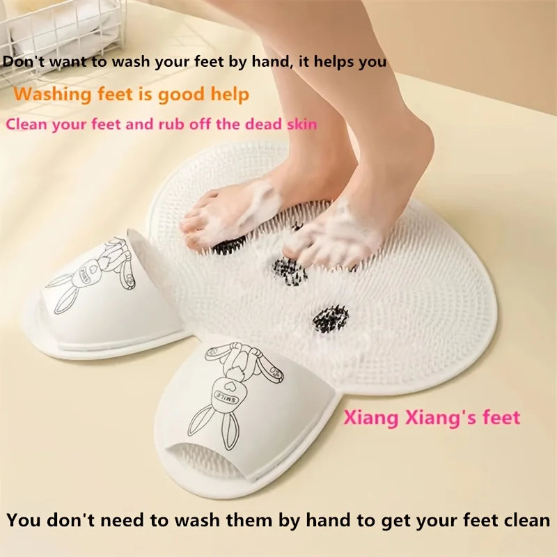 Rabbit Bathroom Anti-Slip Shower Mat – Circular Massage Foot Mat with Suction Cups, Foot & Back Scrubber