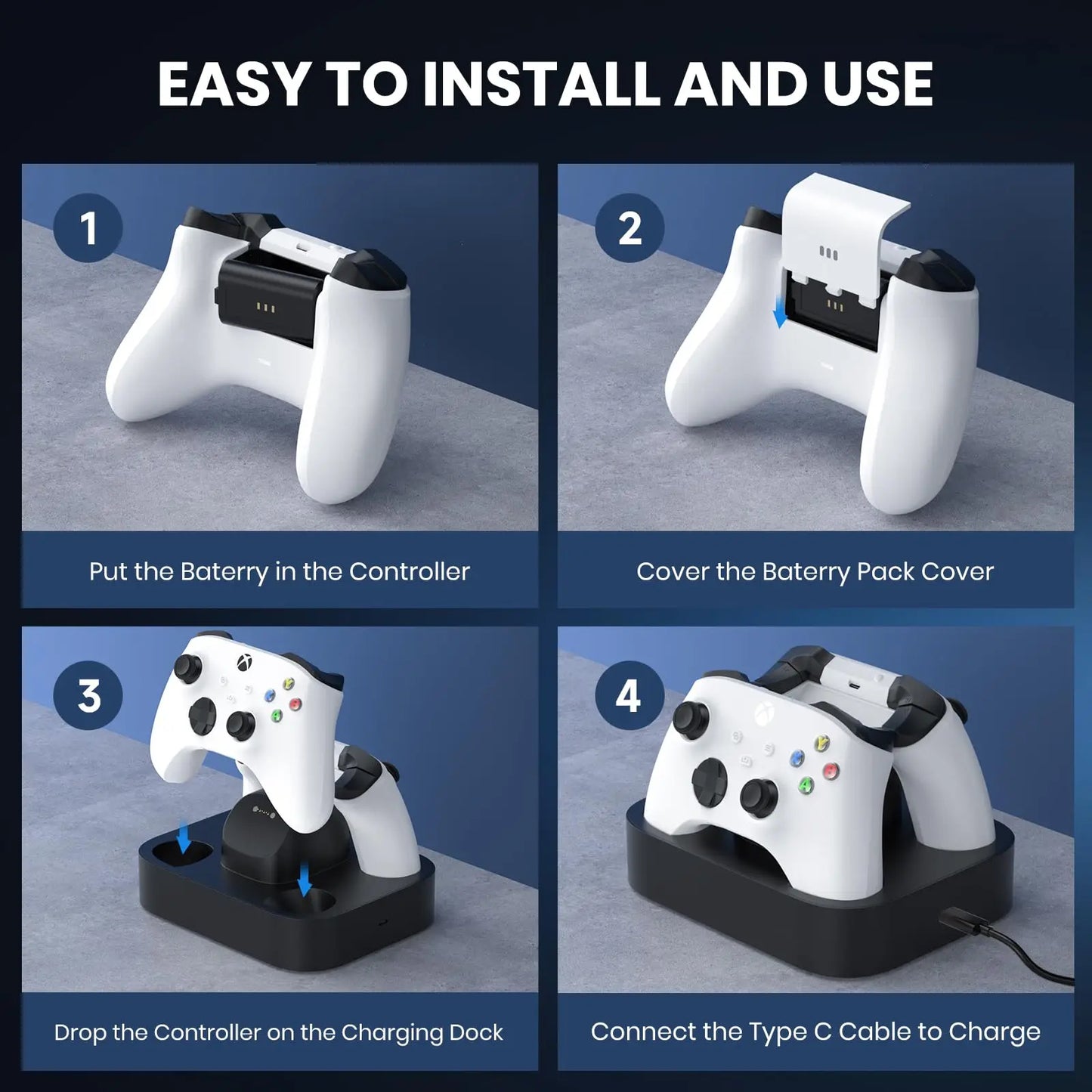 NEWDERY Xbox Controller Charging Station — Fast Charge Dock for Xbox One, Series X & S with 2×1100mAh Battery Packs
