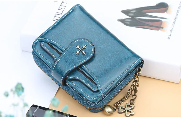 Women’s PU Leather Wallet — Short Hasp Coin & Card Holder, Small Money Bag Clutch in Blue & Red