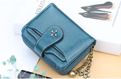 Women’s PU Leather Wallet — Short Hasp Coin & Card Holder, Small Money Bag Clutch in Blue & Red
